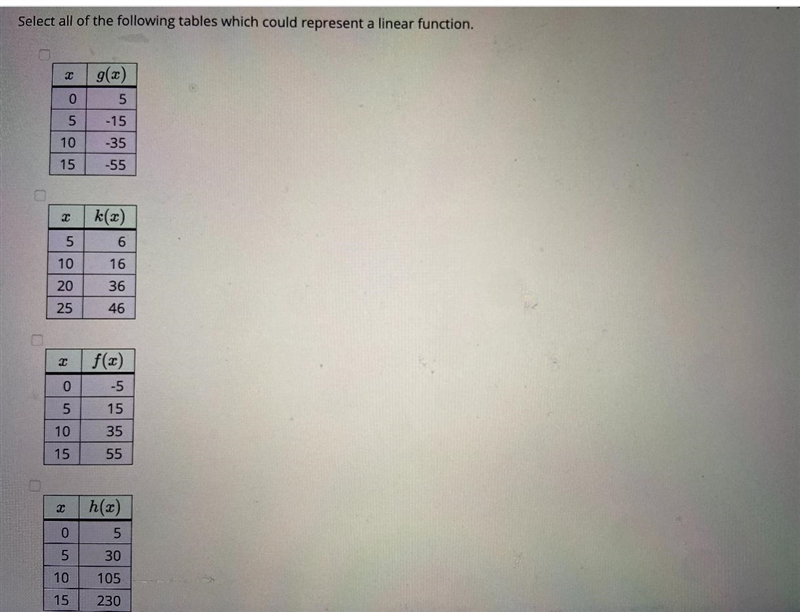 Select all of the following tables which could represent a linear function.059(a)5-15-35-5510155102025k-example-1