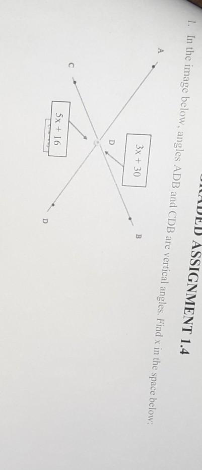 In the image below angle ADB and CBD are vertical angles. find the X.-example-1