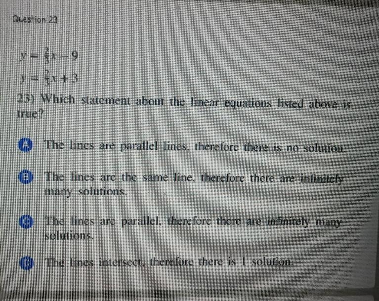 Question 23 y = {x-9 y = {x + 3 23) Which statement about the linear equations listed-example-1