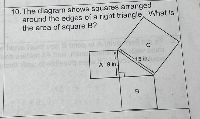 The diagram shows squares arranged around the edge of a right triangle. What is the-example-1