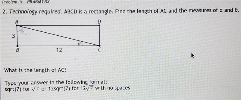 2. Technology required. ABCD is a rectangle. Find the length of AC and the measures-example-1