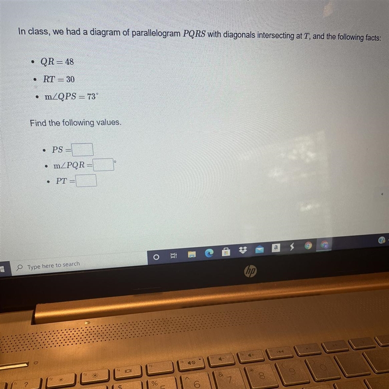 We have a diagram of parallelogram PQRS with diagonals intersecting at T , and the-example-1