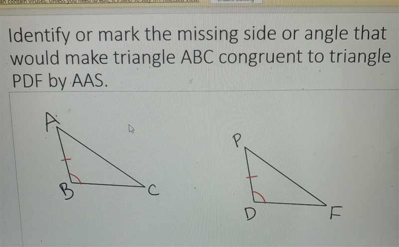 Identify or mark the missing side or angle that would make triangle ABC congruent-example-1