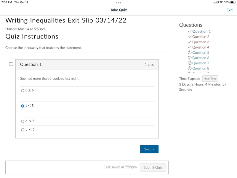 Sue had more than 5 cookies last night. Inequality pls help-example-1