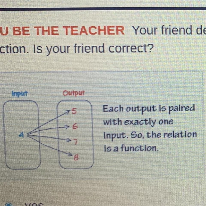 Your friend determines whether the relation shown in the mapping is a function. Is-example-1