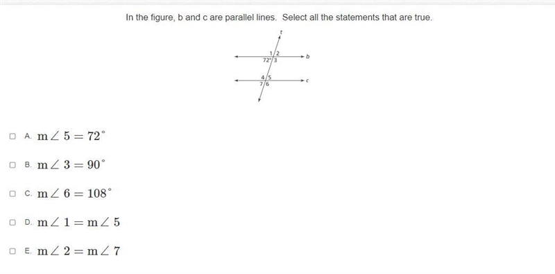 In the figure, b and c are parallel lines. Select all the statements that are true-example-1