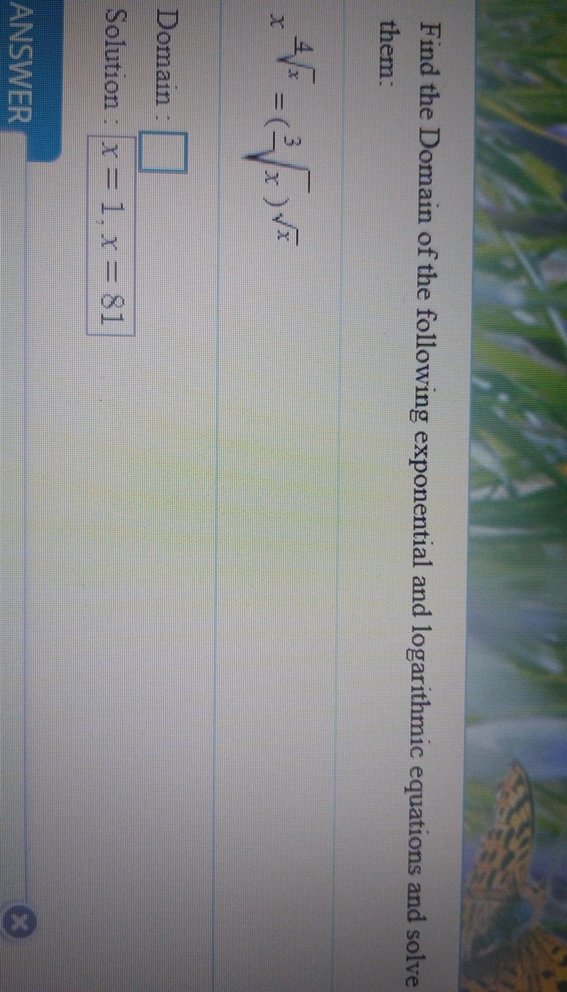 find the domain of the following exponential and logarithmic equations and solve themI-example-1