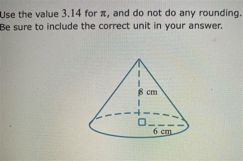 Find the volume of a cone with a height of 8cm and a base radius of 6cm.-example-1