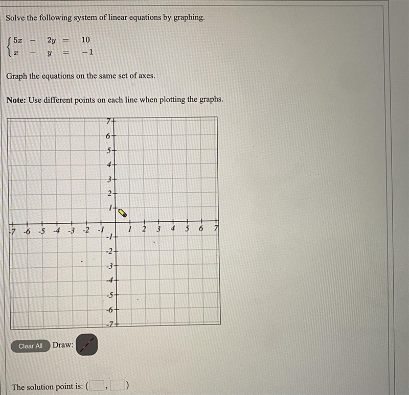 Solve the following system of linear equations by graphing.{5x - 2y = 10 {x - y = -1 Graph-example-1