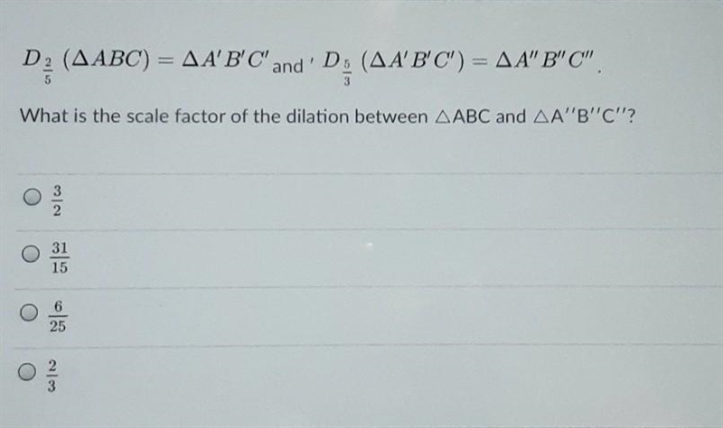 What is the scale factor of the dilation between angle ABC and A''B''C"-example-1