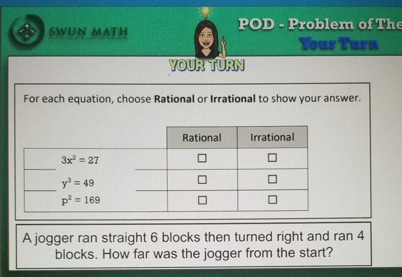 For each equation, choose Rational or Irrational to show your answer.-example-1