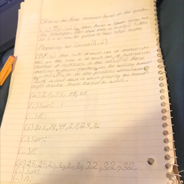 Find the sum of each set of numbers, as well as the size n of each set of numbers-example-1