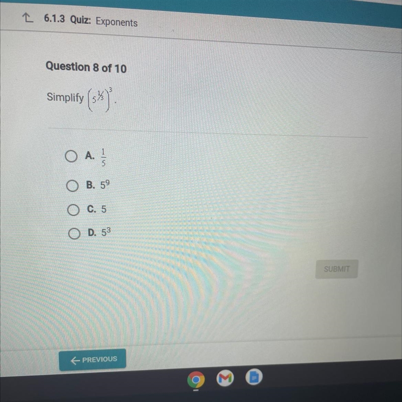 Simplify (5 to the power of 1/3) to the power of 3-example-1