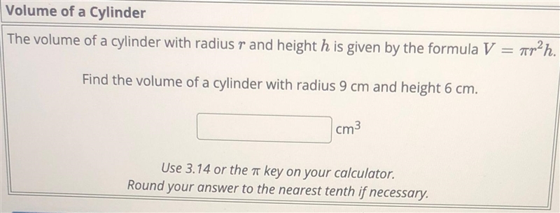 Volume of a Cylinderarh.The volume of a cylinder with radius r and height h is given-example-1