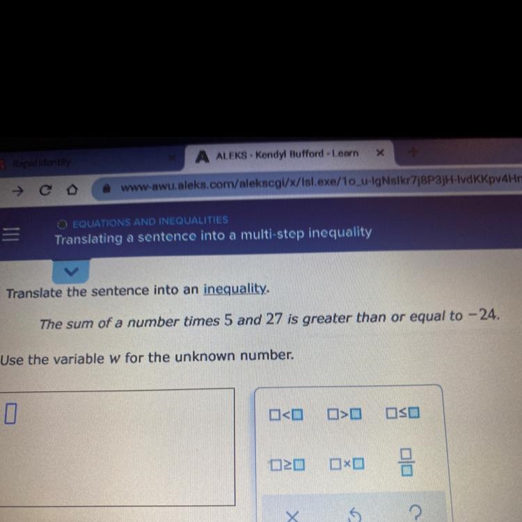 The sum of a number times 5 and 27 is greater than or equal to -24-example-1