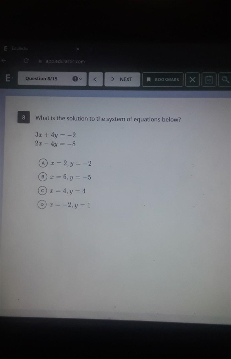 What is the solution to the system of equations below 3x + 4y equals -2 2x - 4y equals-example-1