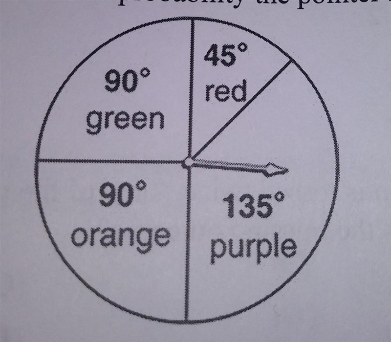 use the spinner shown find the probability the pointer lands on purple. A. 1/3 B. 3/8C-example-1