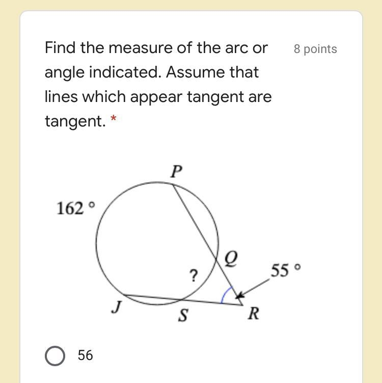 8 points Find the measure of the arc or angle indicated. Assume that lines which appear-example-1