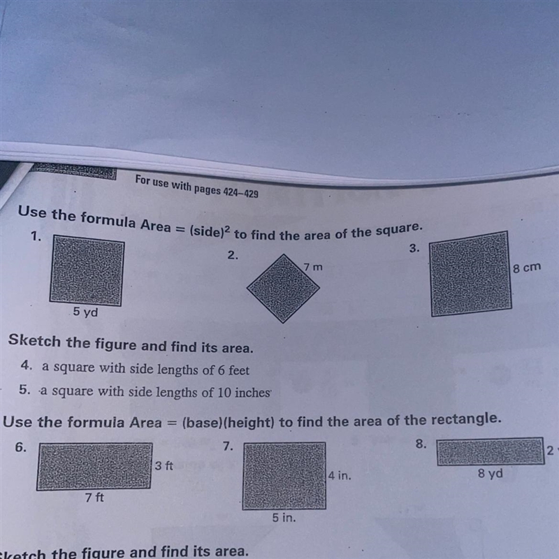 Use the formula Area = (side)2 to find the area of the square. 3. 2. 1. 7m 5 yd 8 cm-example-1