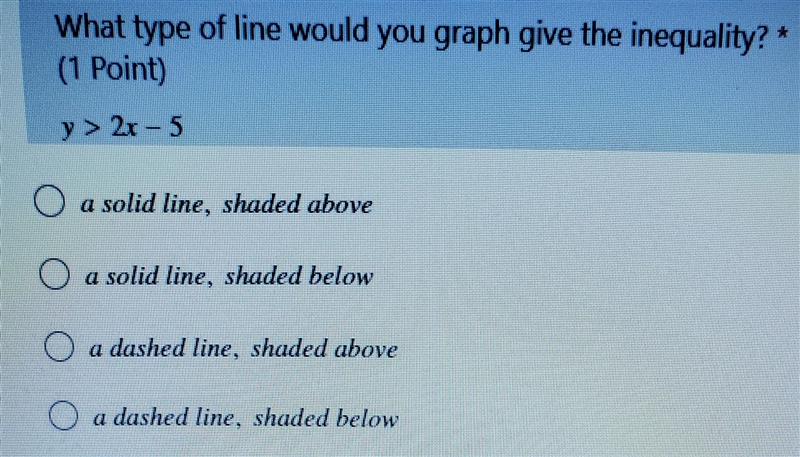 What type of line would you graph give the inequality? (1 Point) y > 2r - 5 O a-example-1