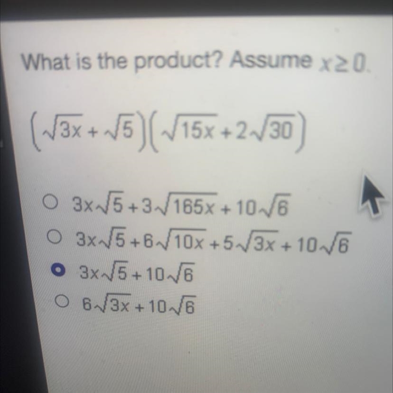 HELP PLEASE!!!! What is the product? Assume x> 0. ( square root of 3x + square-example-1