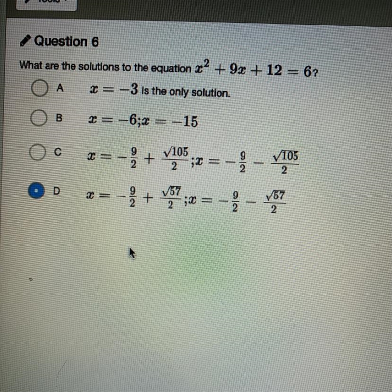 What are the solutions to the equation x^2+9x+12=6-example-1