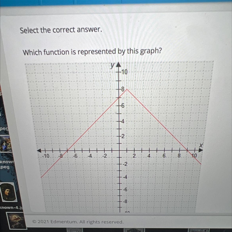 which function is representing by this graph?A. f(x) = -|x-1| + 8B. f(x) = -|x-8|+1C-example-1