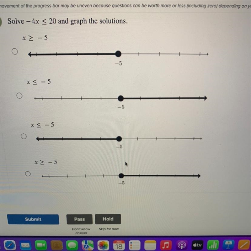 Solve -4x20 and graph the solutions.-example-1