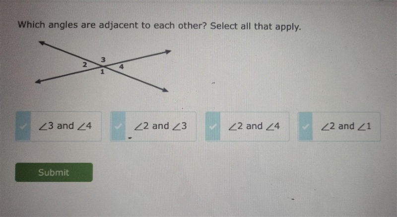 Which angles are adjacent to each other? Select all that apply. 3 2 23 and 24 22 and-example-1