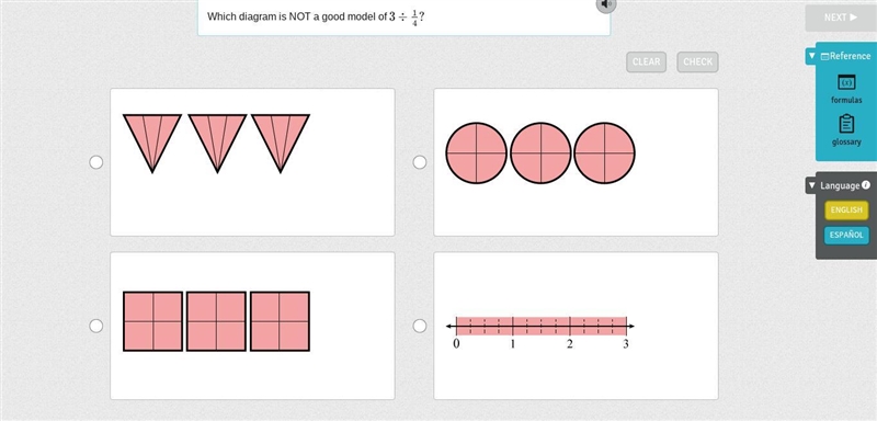 Which diagram is NOT a good model of 3÷1/4?-example-1