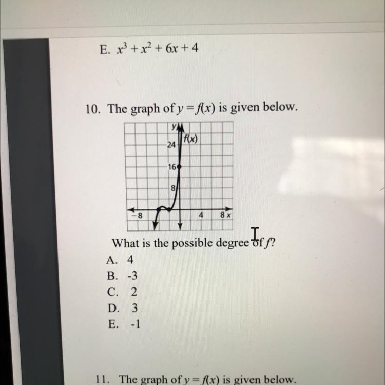 10. The graph of y=f(x) is given below.y!24168848 xWhat is the possible degree of-example-1