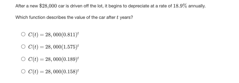 After a new $28,000 car is driven off the lot, it begins to depreciate at a rate of-example-1