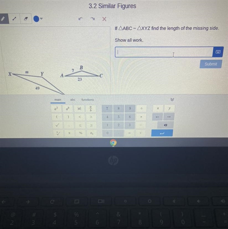 3.2 Similar FiguresIf AABC - AXYZ find the length of the missing side.Show all work-example-1