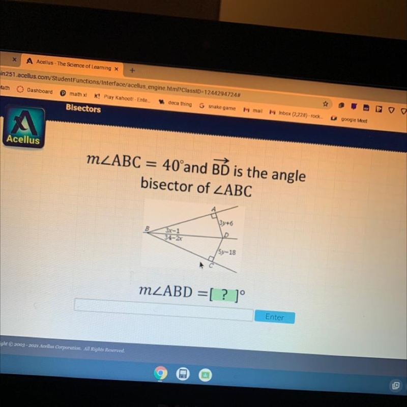 USMZABC = 40'and BỎ is the anglebisector of ZABC3y+6B.3x-134-2xD5y-18MZABD =[ ? 1°Enter-example-1