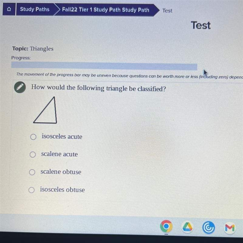 How oils the following triangle be classified ? A. Isosceles acute B. Scalene acute-example-1