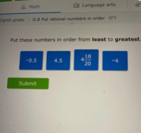 What is 0.5 4 18/20 -4 and -0.05 in order from least to greatest ?-example-1