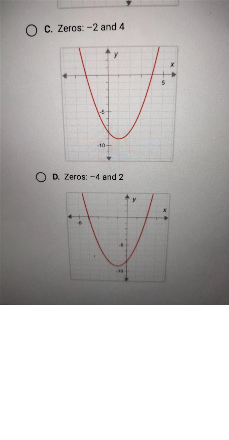 graph y = x² + 2x - 8 and identify the zeros. Then determine which answer choice matches-example-2