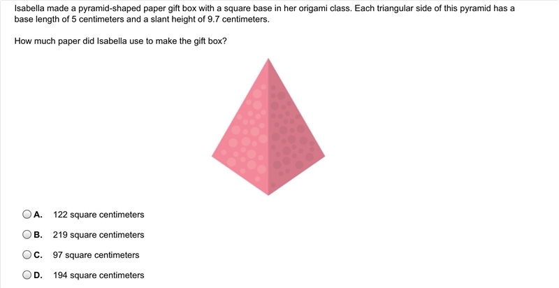 Isabella made a pyramid-shaped paper gift box with a square base in her origami class-example-1