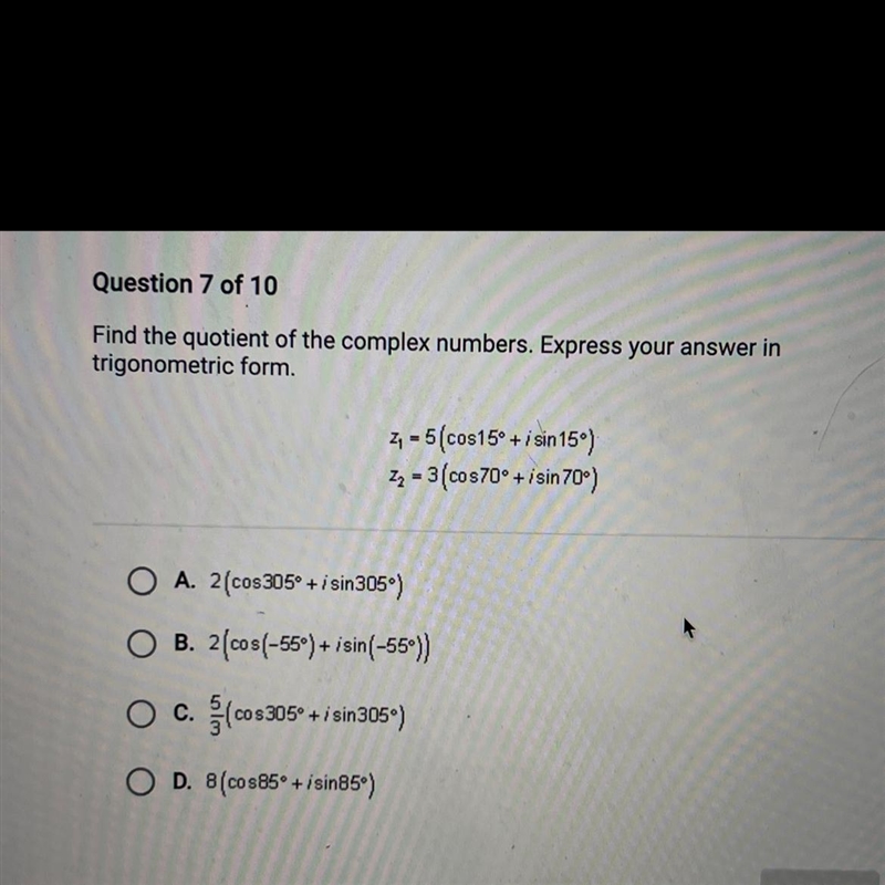 Find the quotient of the complex numbers. Express your answer intrigonometric form-example-1