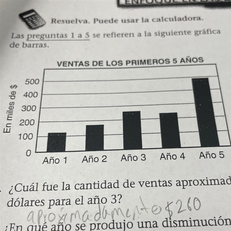 4. Calcule cuál es aproximadamente la razón entre las ventas del año 5 y las del año-example-1