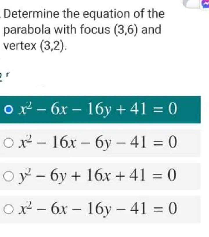 Determine the equation of the parabola with focus (3,6) and vertex (3,2).-example-2