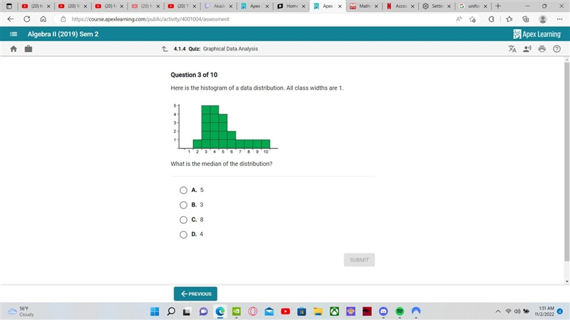 Here is the histogram of a data distribution. All class widths are 1 What is the median-example-1