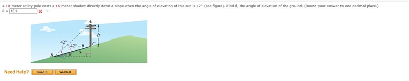 A 10-meter utility pole casts a 16-meter shadow directly down a slope when the angle-example-1