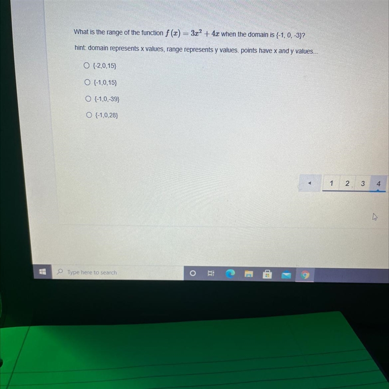 What is the range of the function f (2) = 3x2 + 4.c when the domain is {-1, 0, -3}?hint-example-1