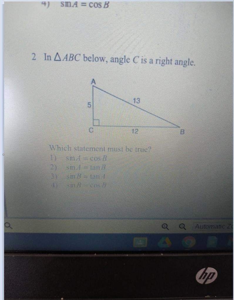 2 In A ABC below, angle C is a right angle. 5 Which statement must be true? 1 sin-example-1