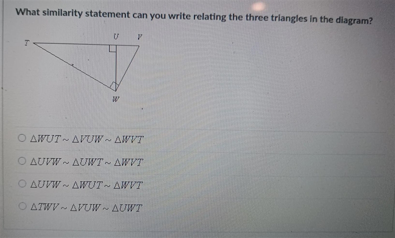 What similarity statement can you write relating the three triangles in the diagram-example-1