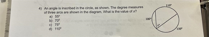 An angle is inscribed in the circle, as shown. The degree measuresof three arcs are-example-1