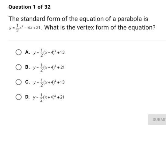 The standard form of the equation of a parabola isy=x²-4x+21. What is the vertex form-example-1