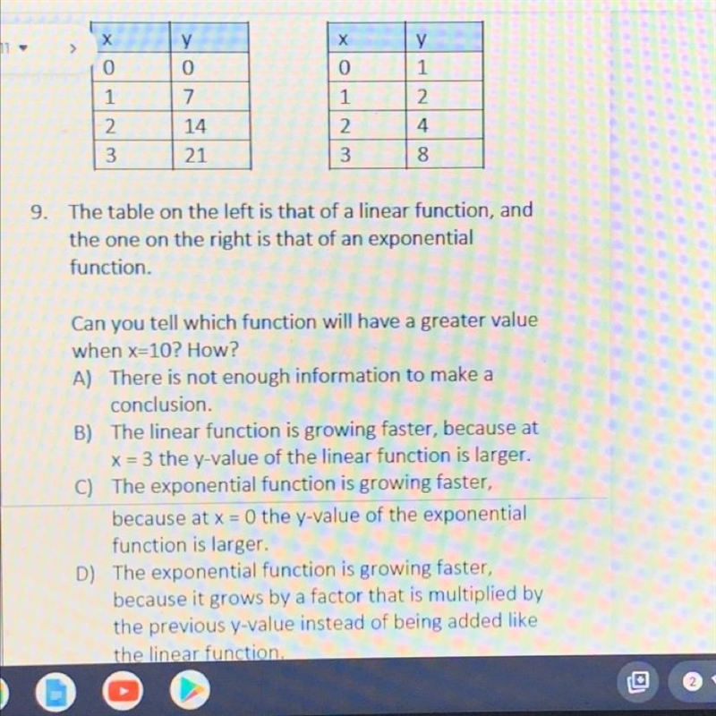 The table on the left is that of a linear function, andthe one on the right is that-example-1