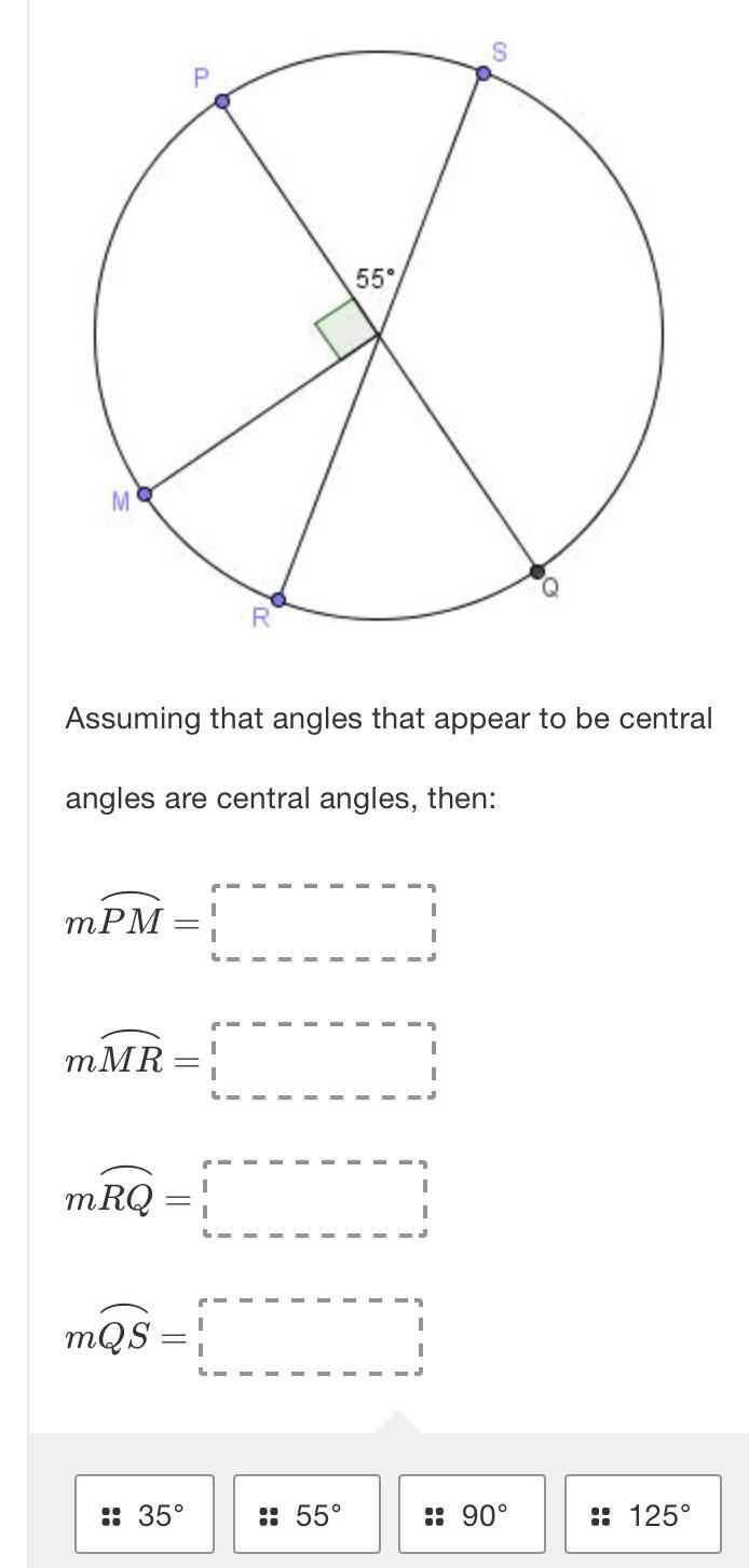 55MAssuming that angles that appear to be central angles are central angles, then-example-2